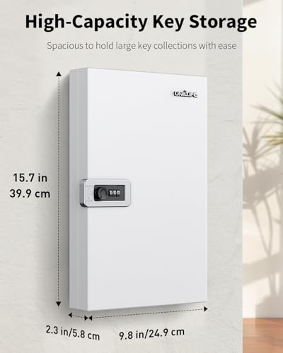 Uniclife Key Lock Box, Wall Mount Key Box, Car Key Organizer with Writable Key Racks and Tags, 32-Key Combo Lock, White, Security Key Holder Storage Box for Office, Company - color: White, size: 32-key(combo lock)