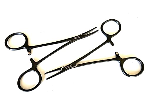 Hemostat Curved and Straight Hemostat Forceps Piercing Pliers Forceps, Stainless Steel Straight and Curved Pliers, Fishing Tweezer Hemostats (Black, 2 Pcs)