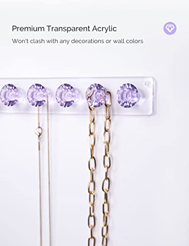 Acrylic Necklaces Holder Wall Mounted Necklace Hangers Hanging Jewelry Organizer with 12 Hooks, Clear Jewelry Hangers for Necklace Organizer for Girls Women, Necklace Hooks for Wall (Purple, 2 Pack) - color: Purple – 2Pack
