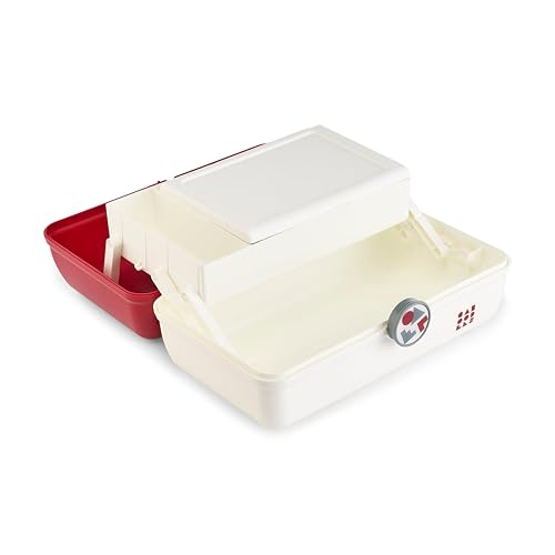 Caboodles School Spirit On-The-Go Girl Makeup Box, Crimson Over White, Hard Plastic Makeup Organizer Box, Built-In Mirror, Secure Latch for Safe Travel, Spacious Storage for Large Items - color: Crimson White School Spirit