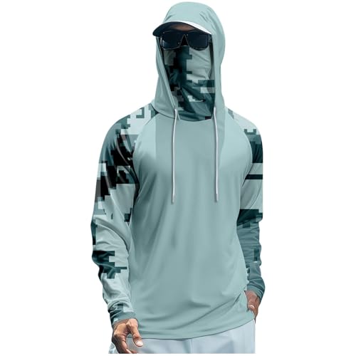 Hooded Fishing Shirts with Face Mask Cooling UPF 50+ Sun Protection Rash Guard Moisture Wicking Outdoor Boat Sun Shirt - color: A06-mint Green, size: XX-Large