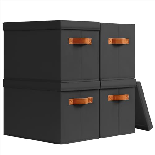 Homsorout Storage Bins with Lids - Fabric Storage Baskets for Shelves, 4 Pack Foldable Decorative Boxes with Handles, Stackable Organizer Bins for Home, Nursery, Dorm, Black - color: Black, size: L(4-Pack)