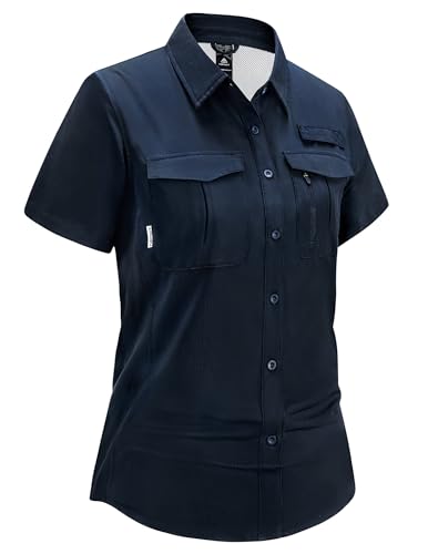 Haimont Women's UPF 50+ Short Sleeve Hiking Button Down Shirt | Quick-Dry Stretch, Mesh Back Vents, 2 Chest Pockets + Zip Pocket, Sunglasses Loop, Lens Cloth, Travel - color: Dark Blue, size: X-Small
