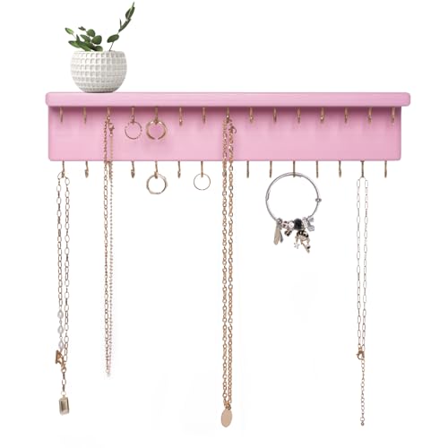 SANY DAYO HOME Pink Necklace Holder Jewelry Organizer with 30 Hooks, 15 x 3 x 4 inches Wall Mount Rustic Pine Wood Shelf for Necklace, Hair Bow Storage - color: 30 Hooks, Pink