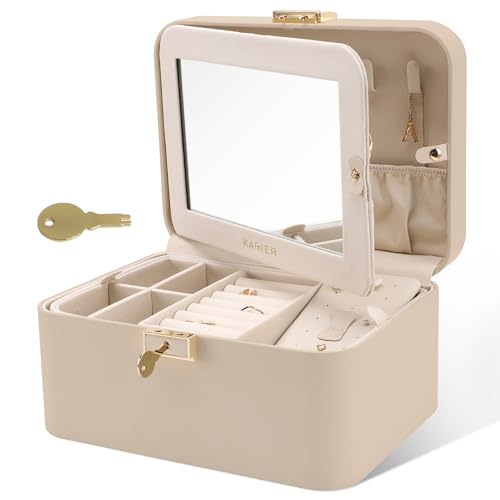 Upgraded Jewelry Box, 2 Layers PU Leather Jewelry Organizer for Women with Lock and Mirror, Hidden Necklace Hook and Removable Divider Large Capacity Travel Jewelry Box Ideal for Gift-With Gift Box - color: Beige, size: mirror