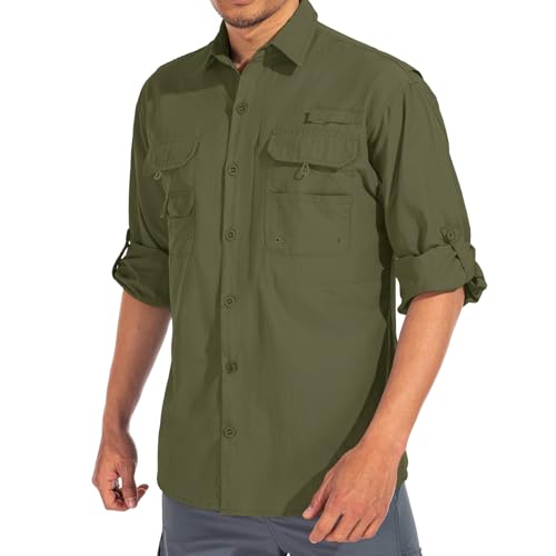 linlon Mens Safari Shirts Long Sleeve UV Protection Hiking Fishing UPF 50+ Quick Dry Cooling Camping Travel Shirts - color: 0live Green, size: X-Large