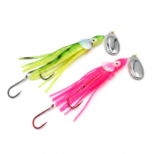 King COHO Humpy Sockeye Salmon Stealhead Squid Skirt Spinner Lure UV Gill Double Hooks or Trolling Fishing - color: Red, Green