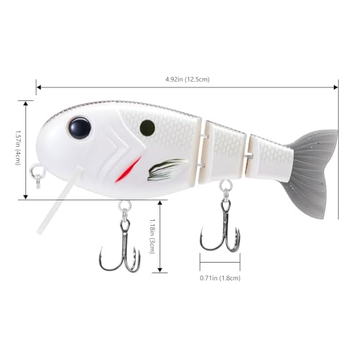 BASSROCK Topwater Fishing Lures for Bass Pike Salmon Floating Swimbait Jointed Crankbait Freshwater Saltwater 4.9in/1.76oz RK1001 - color: White Shad, size: 4.9in/1.76oz