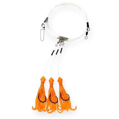 End Game Tackle Deep Drop Rig – Made in USA – New Super Stretch Glow Squid – NOAA Compliant Non-Offset Circle Hooks for Bottom Fishing - color: Orange Glow, size: 8/0 – 3 Hook Rig