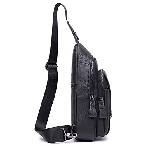 Hebetag Leather Sling Bag Crossbody Backpack for Men Women Outdoor Travel Work Shoulder Chest Pouch Camping Casual Daypack Black 18cm(W) x8cm(D) x30cm(H)(7.08"x3.14"x11.81") approx; - color: #08black