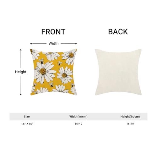 Summer Pillow Covers 16x16 Inch Set of 2 Yellow Background White Floral Bee Throw Pillows Outdoor Decorative Spring Floral Bee Pillowcases Linen Cushion Cases for Bed Sofa Couch - color: Yellow Sunflower Bee, size: 16" x 16" (Pack of 2)