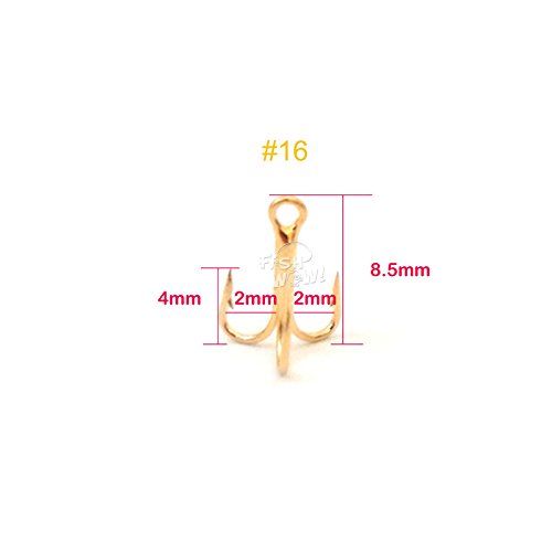 20pcs Fish WOW!® Fishing 3X Strong Treble Hooks Gold - Size #16 Tiny Size