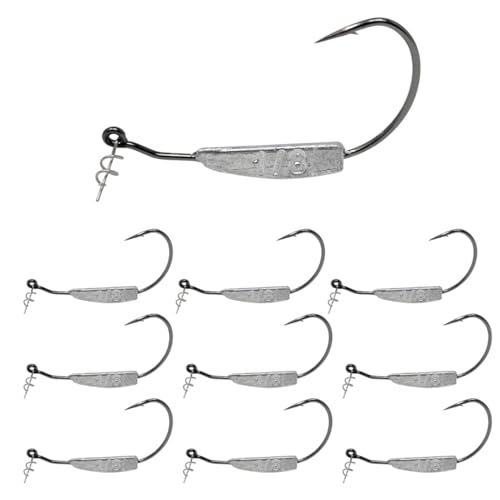 Reaction Tackle Weighted Swimbait Hooks - Weedless Belly Weighted Hooks with Twist Lock Bait Keeper for Soft Plastic Swimbaits - Bass Fishing Hooks (10-Pack) - size: 1/8oz 3/0