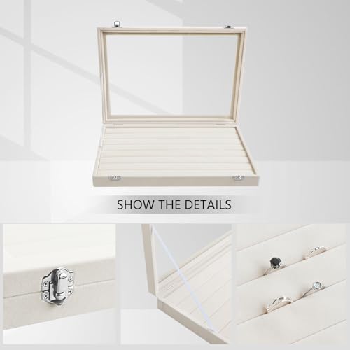 Wudygirl Ring Display with Clear Lid Organizer and Showcase Rings Box with 7 Slots Jewelry Tray for Drawer Velvet Rings Holder Accessories Storage (Beige Velvet) - color: Beige, size: Ring