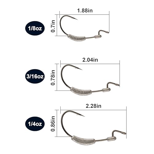 15 Pcs Weighted EWG Worm Hook, Weedless Fishing Swimbait Hooks Bass Fishing Freshwater Saltwater Assorted 1/8oz 3/16 1/4oz - size: Multi Size-15pcs