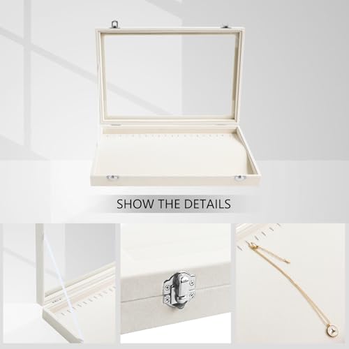 Wudygirl Necklace Organizer with Clear Glass Lid Stackable Jewelry Organizer Tray with 20 Hooks for Necklace Bracelet(Beige Necklace Box) - color: Beige, size: Necklace