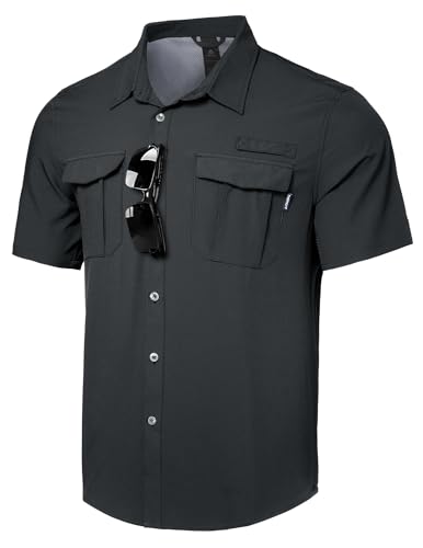 Haimont Men's UPF 50+ Short Sleeve Hiking Button Down Shirt | Quick-Dry Stretch, Mesh Back Vents, Rod Holder & Sunglasses Loops, Outdoor & Travel - color: Dark Grey, size: Small