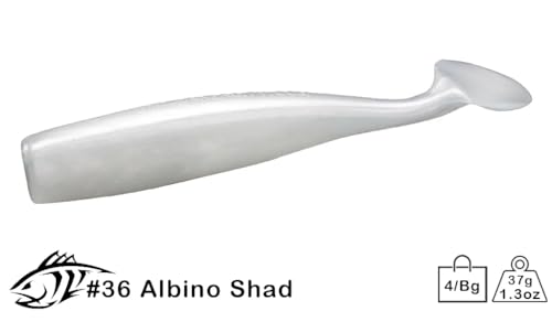 Lunker City Fishing Shaker 6" Swimbait Soft Plastic Bass Lure with Tail Swimming and Wobbling Action Swim Bait, 4 Per Bag, Made in The USA - color: Albino Shad