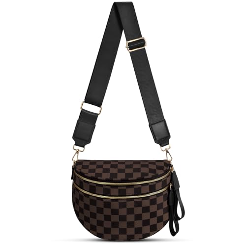 Checkered Nylon Crossbody Bag Bum Bag for Women Mom Large Checkered Fanny Packs with Adjustable Strap - color: Black Brown Checkered