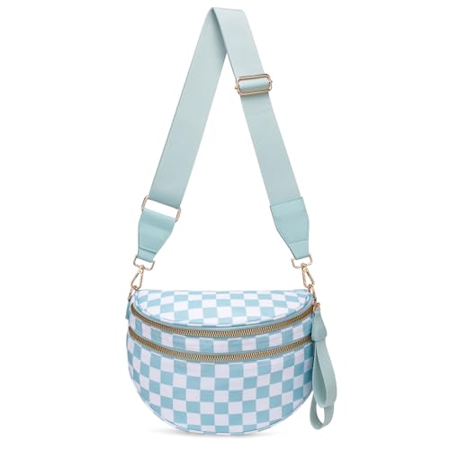 Pure Colour Crossbody Bum Bags for Women Spacious Checkered Cross body Bag Nylon Trendy Fanny Pack for Travel - color: Light Blue Checkered
