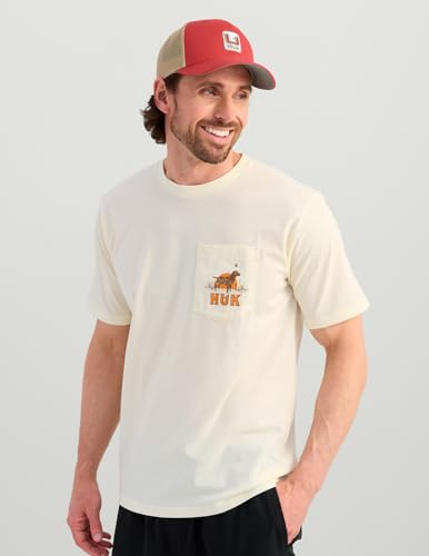 HUK Men's Pocket Tee, Comfortable Performance Fishing Short Sleeve T-Shirt with Chest Pocket - color: Lab Patch - Egret, size: X-Large