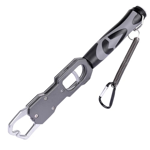 Ghosthorn 12" Aluminum Alloy Fish Lip Gripper with Scale-40lbs Saltwater Fishing Grabber Tool, 360° Swivel Non-Slip Handle, Corrosion-Resistant Fish Holder for Caught Fish, Fish Control Tackle (Grey)