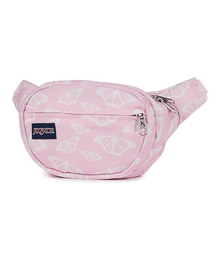 JanSport Fifth Avenue Fanny Pack Crossbody Bags for Women, Men - Stylish, Durable Waist Bag with Adjustable Belt, Main Zippered Pocket, Quick Stash Pocket - Travel Essentials - Black - color: Flutter By Pink Ice