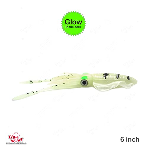 5pcs Chartreuse Glow Fish WOW! 6" Chase Squid Skirt Luminous Realistic Squid Octopus baits 3D Large Eyes Premium Quality Soft Plastic Fishing Lures Green