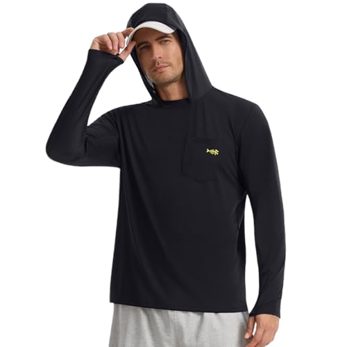 BASSDASH Men’s UPF 50+ Fishing Hoodie Shirts with Chest Pocket Lightweight UV Sun Protection Long Sleeve Hiking Sports FS34M - color: Black, size: X-Large