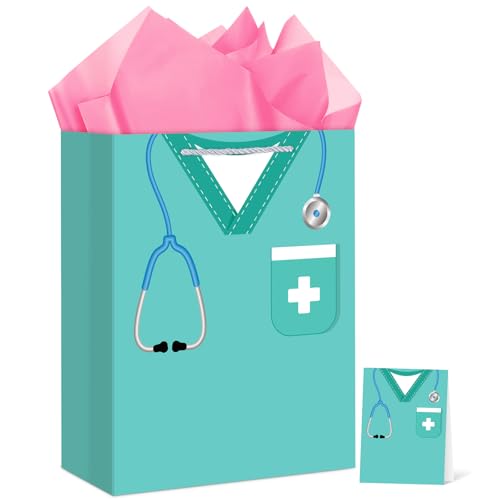 Hooqict Large Nurse Graduation Gift Bag Nurse Gift Wrap Bag with Handles, Tissue Paper, Greeting Cards for Her Women New Grad Nursing Student Medical School Graduation Party Gifts Supplies - color: Nurse