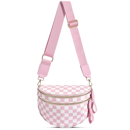 Checkered Nylon Crossbody Bag Bum Bag for Women Mom Large Checkered Fanny Packs with Adjustable Strap - color: Pink Checkered