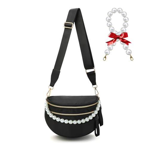 Crossbody Bags for Women, Checkered Bum Bag Crossbody, Spacious Nylon Shoulder Handbag Mom Bag with Pearl Chain (black-pearl chain) - color: black-pearl chain
