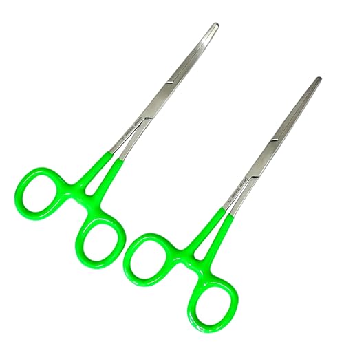 German Vinyl Grip Locking Straight & Curved Hemostat -Hemostat Forceps- Stainless Steel Locking Tweezer Clamps - Ideal Hemostats for Nurses, Fishing Forceps, Crafts and Hobby (Green STR+CVD 6.25")