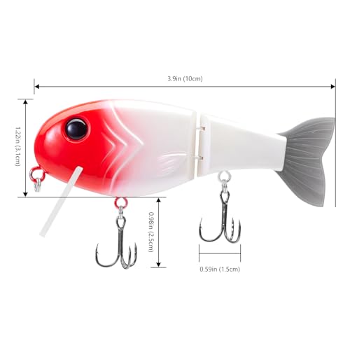 BASSROCK Topwater Fishing Lures for Bass Pike Salmon Floating Swimbait Jointed Crankbait Freshwater Saltwater 4.9in/1.76oz RK1001 - color: Red Head, size: 3.9in/1.04oz