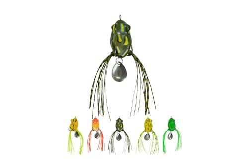 DeLong Bladed Topwater Frog Lure – 3.5” Weedless Double Hook Bass Frog – 5 Multi-Color Assortment Pack in Hard Case