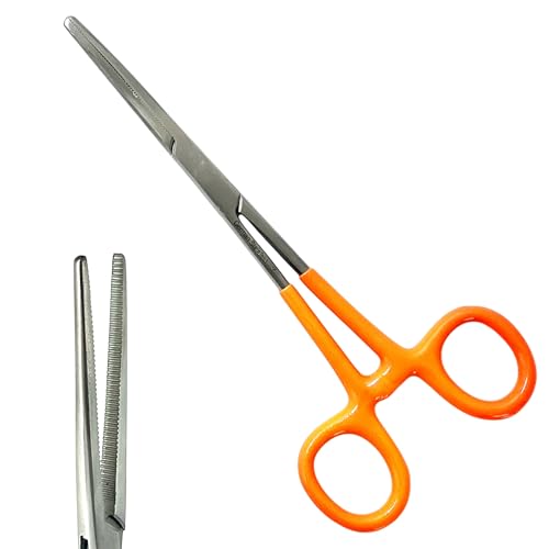 German Vinyl Grip Locking Straight & Curved Hemostat -Hemostat Forceps- Stainless Steel Locking Tweezer Clamps - Ideal Hemostats for Nurses, Fishing Forceps, Crafts and Hobby (Orange STR+CVD 6.25")
