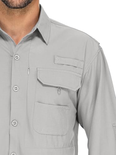 linlon Mens Safari Shirts Long Sleeve UV Protection Hiking Fishing UPF 50+ Quick Dry Cooling Camping Travel Shirts - color: Grey, size: Medium