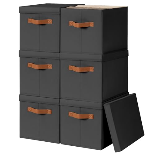 Homsorout Storage Bins with Lids - Fabric Storage Baskets for Shelves, 6 Pack Foldable Decorative Boxes with Handles, Stackable Organizer Bins for Home, Nursery, Dorm, Black - color: Black, size: L(6-Pack)