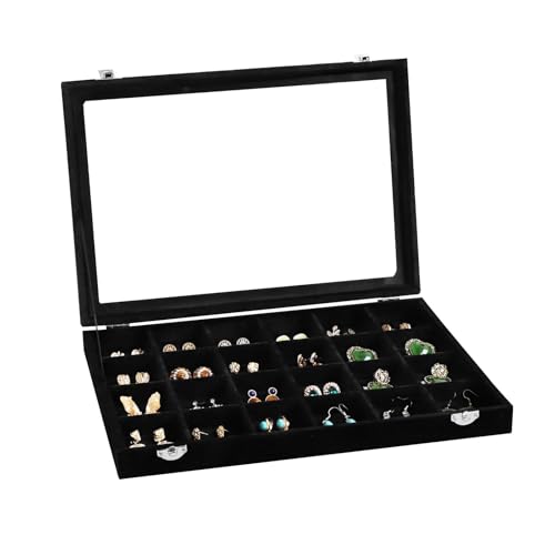 Wudygirl Jewelry Organizer 24 Grid Jewelry Tray with Clear Lid Velvet Jewelry Box Earrings Holder Organizer Jewelry Display Case (Black 24 Grid) - color: Black, size: 24 Grid