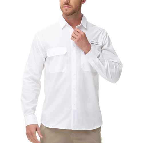 Satankud Mens Long Sleeve Fishing Shirts UPF 50+ Sun Protection Cooling Hiking Shirt for Travel Safari Work - color: White, size: XX-Large