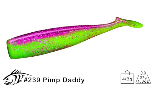 Lunker City Fishing Shaker 6" Swimbait Soft Plastic Bass Lure with Tail Swimming and Wobbling Action Swim Bait, 4 Per Bag, Made in The USA - color: 239 Pimp Daddy