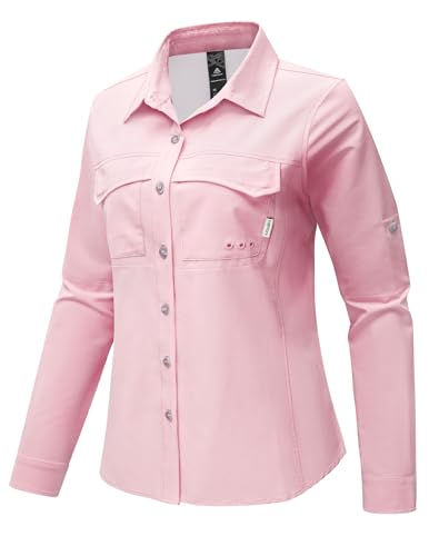Haimont Women's UPF 50+ Long Sleeve Hiking Button Down Shirt | Quick-Dry, Mesh Back Vents, Roll-Up Tabs, Rod Holder, Lens Cloth, Camping & Travel - color: Pink, size: Large