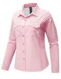 Haimont Women's UPF 50+ Long Sleeve Hiking Button Down Shirt | Quick-Dry, Mesh Back Vents, Roll-Up Tabs, Rod Holder, Lens Cloth, Camping & Travel - color: Pink, size: Small