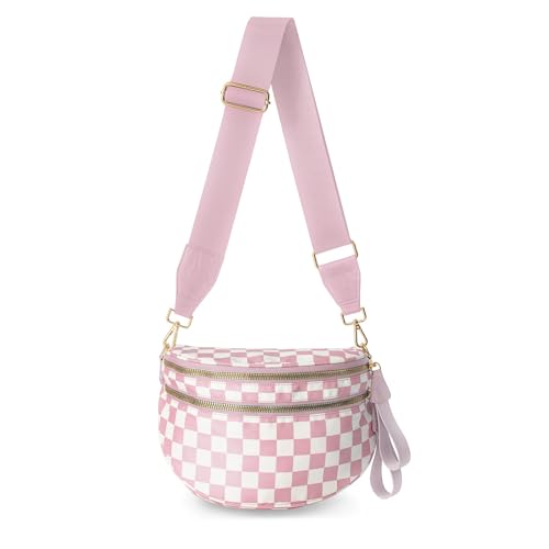Crossbody Bags for Women, Spacious Nylon Belt Purse Fanny Packs, Crescent Oversized Checkered Bum Bag (Checkered - Pink) - color: Checkered - Pink