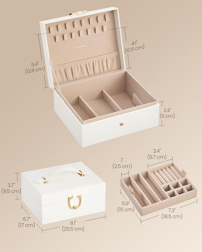 SONGMICS 2-Layer Jewelry Box Organizer, Jewelry Storage Case with Removable Tray and Handle, for Necklaces, Earrings, Rings, Bracelets, 6.7 x 8.1 x 3.7 Inches, Gift Idea, Cream White UJBC208WD01 - color: Cream White