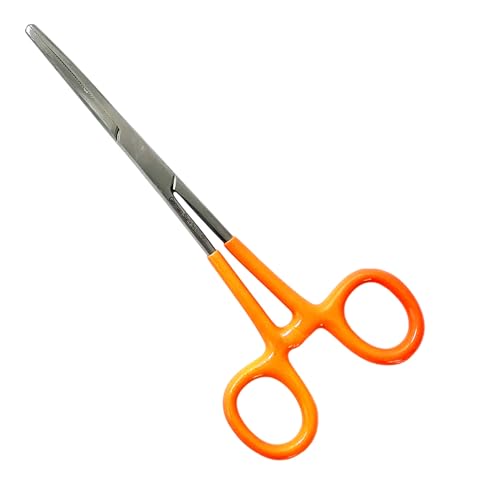 German Vinyl Grip Locking Straight & Curved Hemostat -Hemostat Forceps- Stainless Steel Locking Tweezer Clamps - Ideal Hemostats for Nurses, Fishing Forceps, Crafts and Hobby (Orange STR+CVD 6.25")