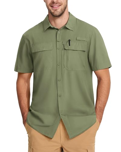 MAGCOMSEN Men's Fishing Shirts UPF 50+ Short Sleeve Sun Protection Shirts Quick Dry Cooling Button Down Shirt Hiking Safari - color: Grey Green, size: Medium