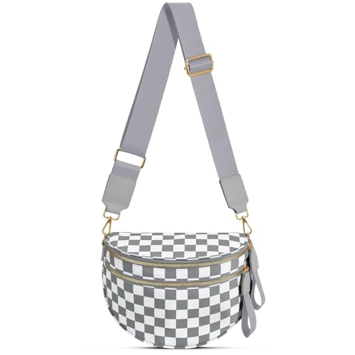 Checkered Nylon Crossbody Bag Bum Bag for Women Mom Large Checkered Fanny Packs with Adjustable Strap - color: Light Grey Checkered