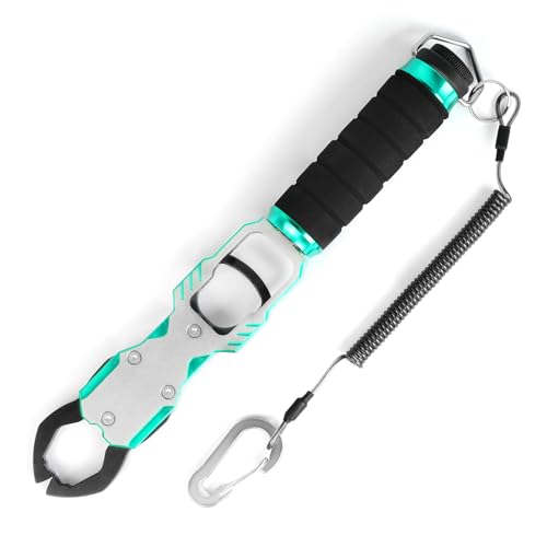 Ghosthorn 11" Aluminum Alloy Fish Lip Gripper with Scale - 40lbs Saltwater Fishing Grabber Tool, 360° Swivel Non-Slip Handle, Corrosion-Resistant Fish holder for caught fish, Fish Control Tackle - color: Green