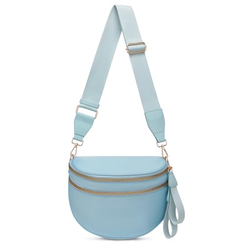 Pure Colour Crossbody Bum Bags for Women Spacious Checkered Cross body Bag Nylon Trendy Fanny Pack for Travel - color: Light Blue